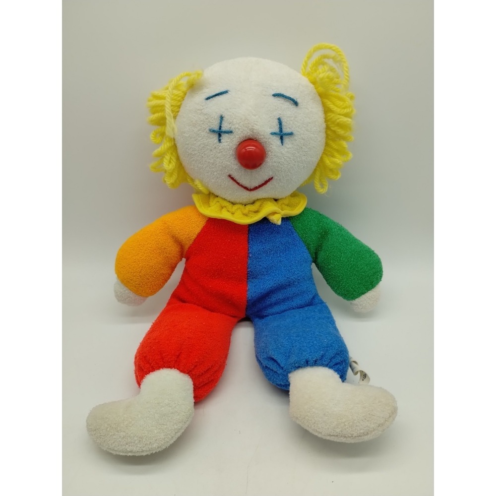 EDEN Vintage 12" Plush Baby Clown Doll Color Block Yarn Hair Terry Cloth Body